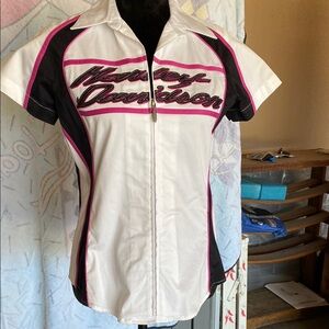 Harley Davidson White and Pink Zip-Up Shirt